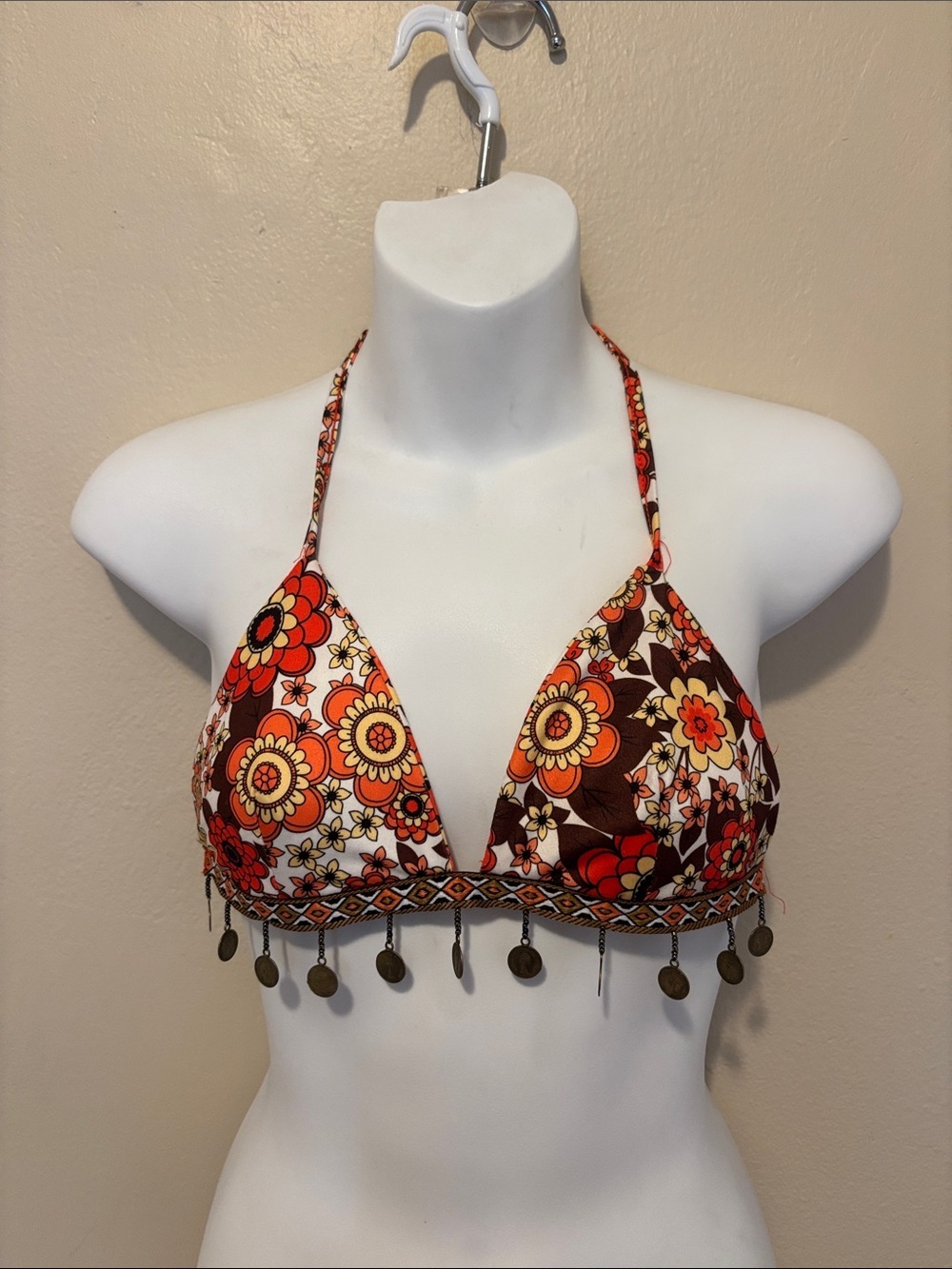 Retro Floral Halter Bikini Top in Orange & Brown